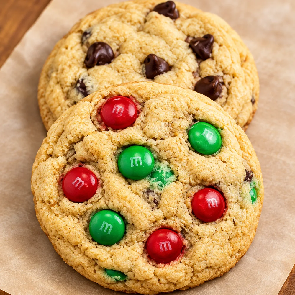 Chocolate chip and candy-studded cookies on parchment