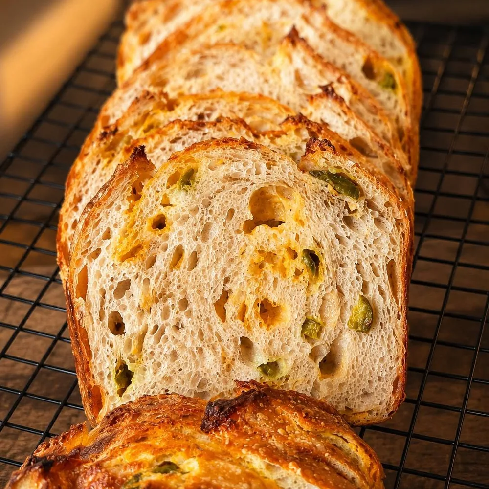 Sliced jalapeño cheddar sourdough on a cooling rack