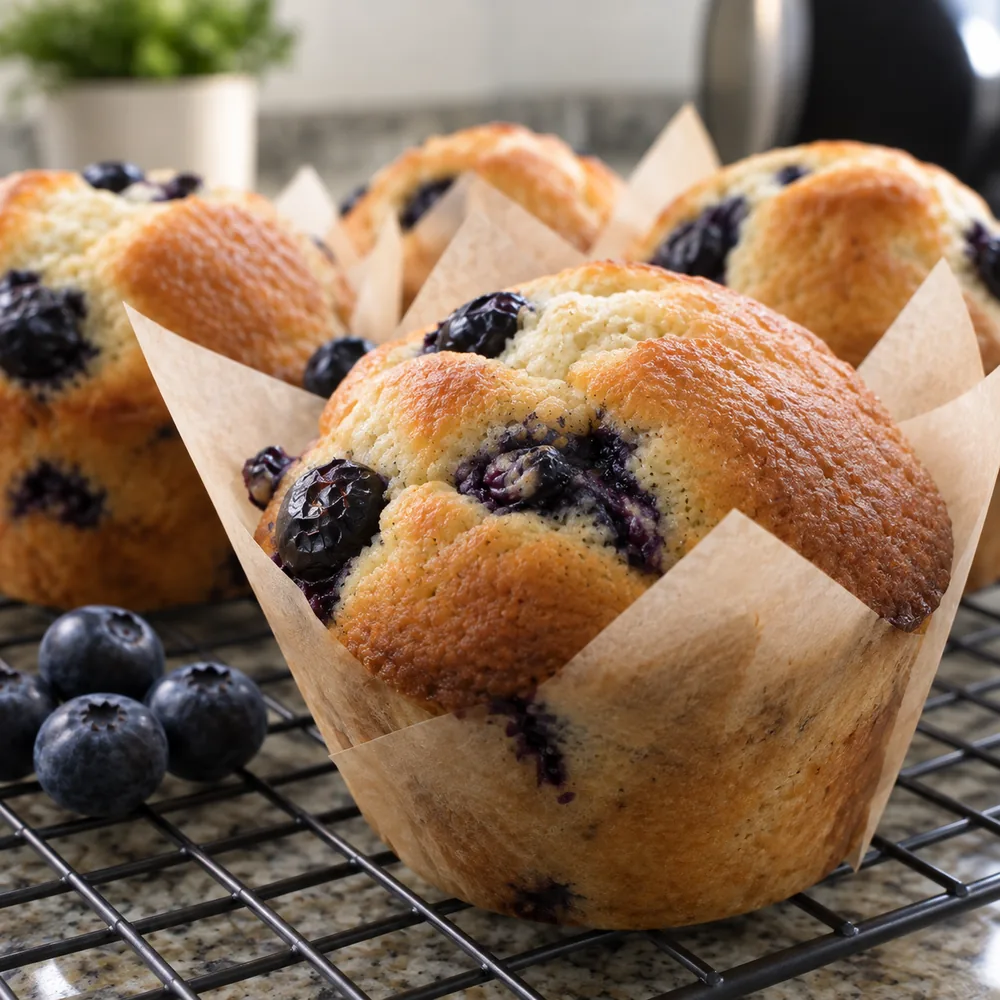 A blueberry muffin in a tulip paper liner