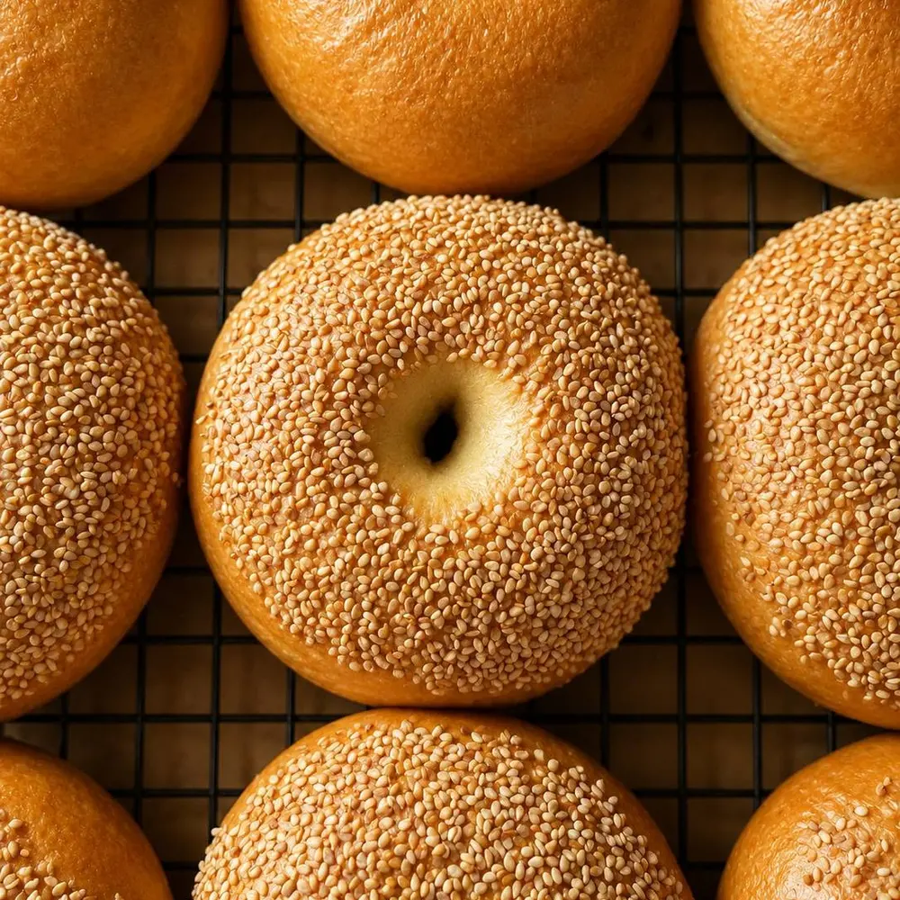 Sesame bagels cooling on a wire rack