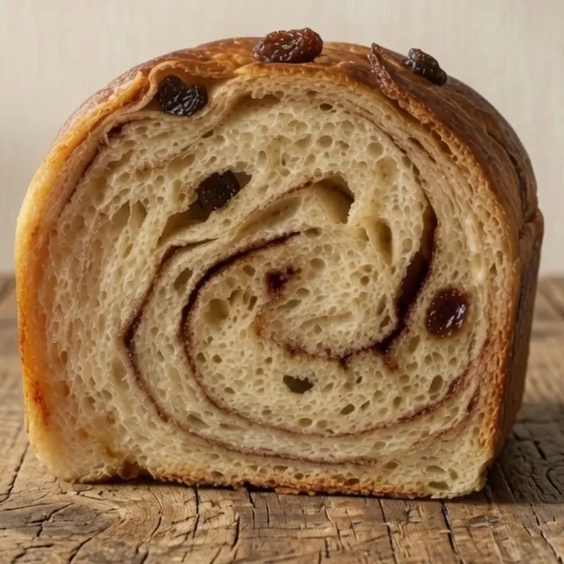 Cinnamon raisin loaf cut open to show the swirl