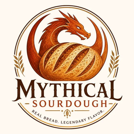 Mythical Sourdough logo: a dragon curled around a loaf of sourdough bread